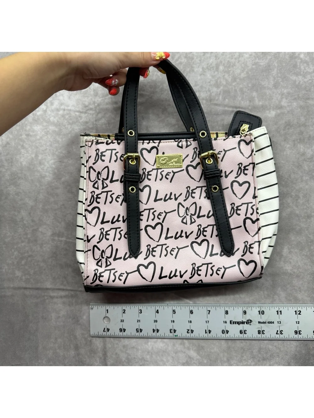 Luv Betsey Johnson Pink Black Graffiti Heart Stripe Mini Satchel Tote Bag